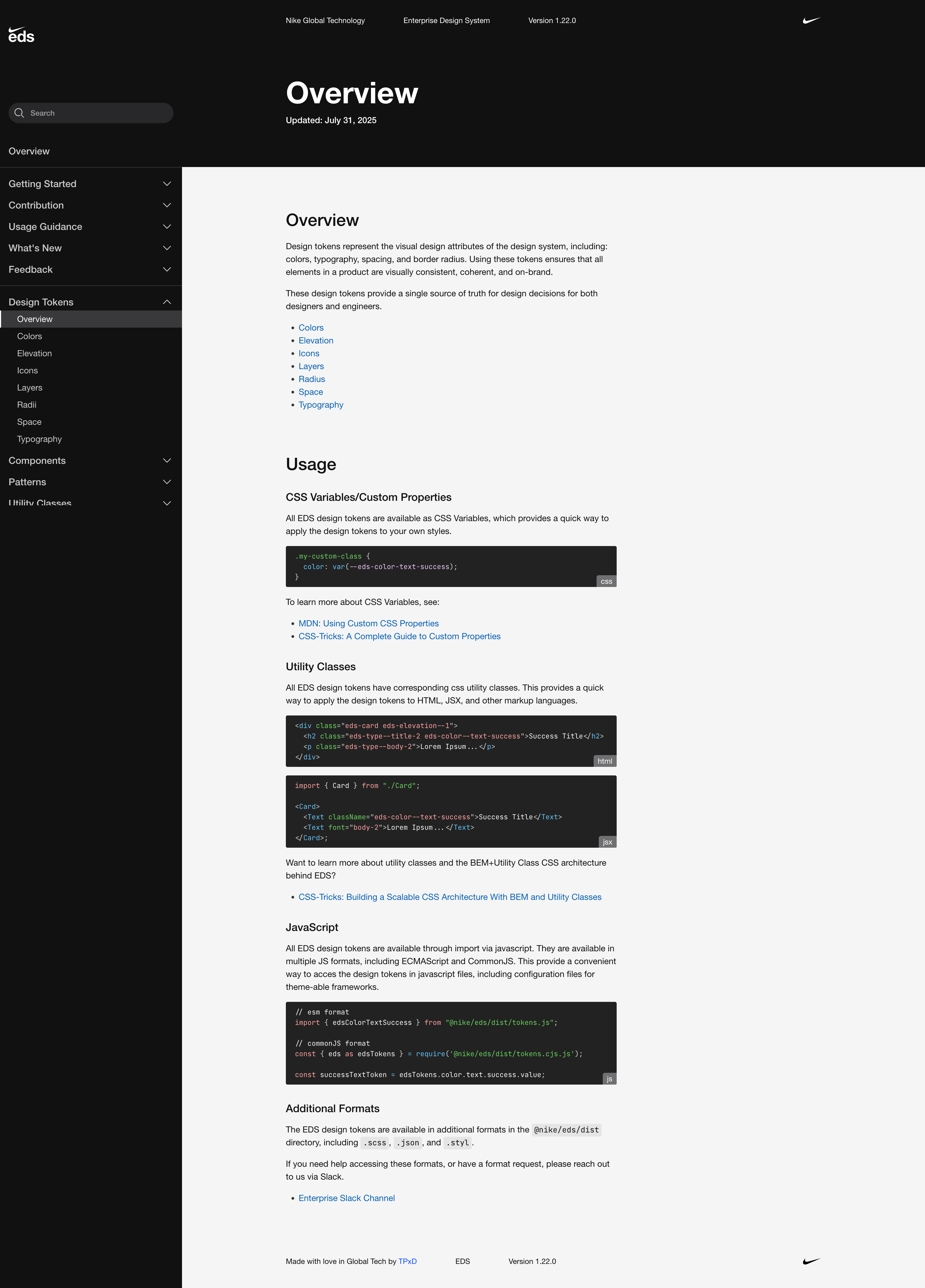 EDS design tokens documentation.