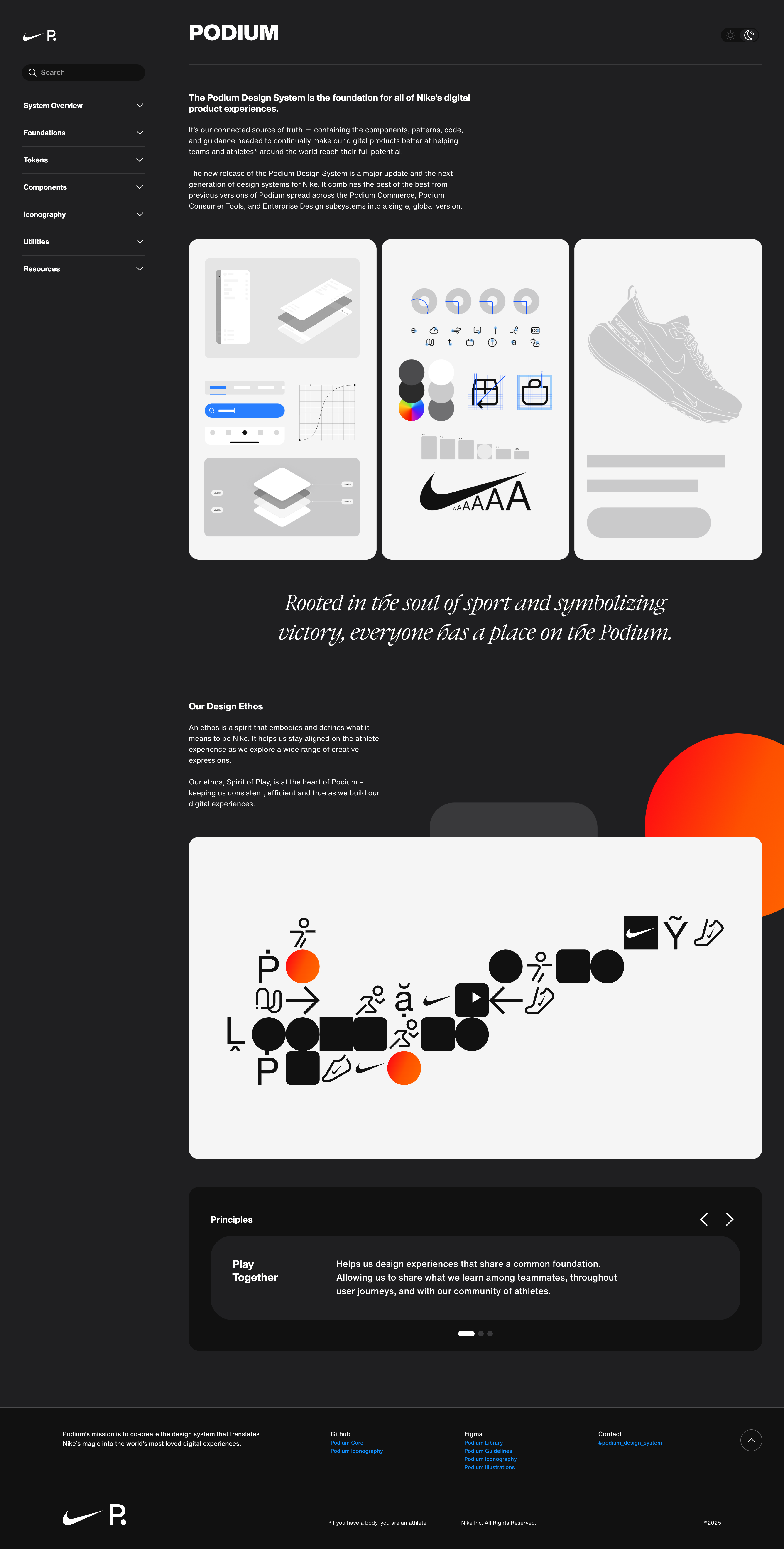 Podium design system homepage showing hero, navigation, and resource entry points.