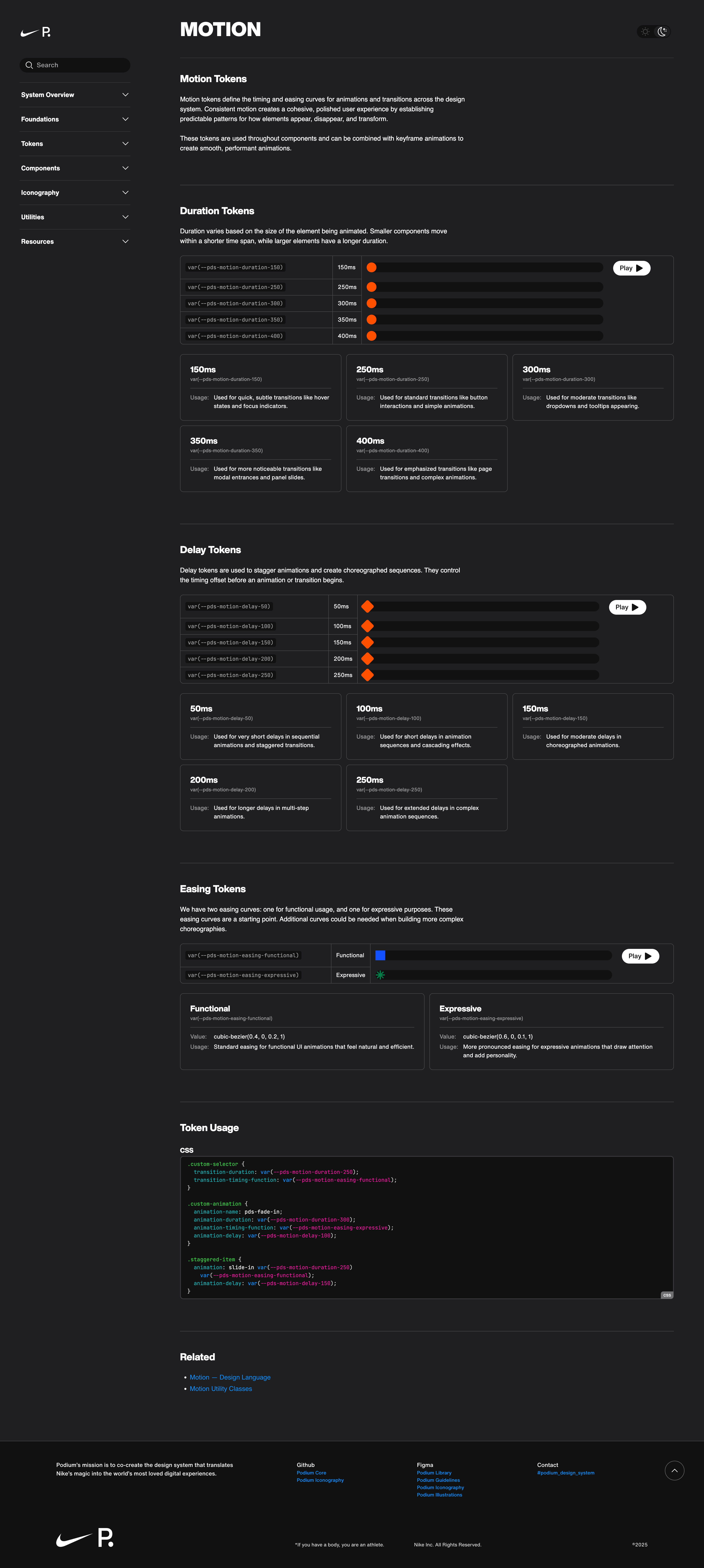 Motion tokens documentation with duration, delay, and easing guidance.