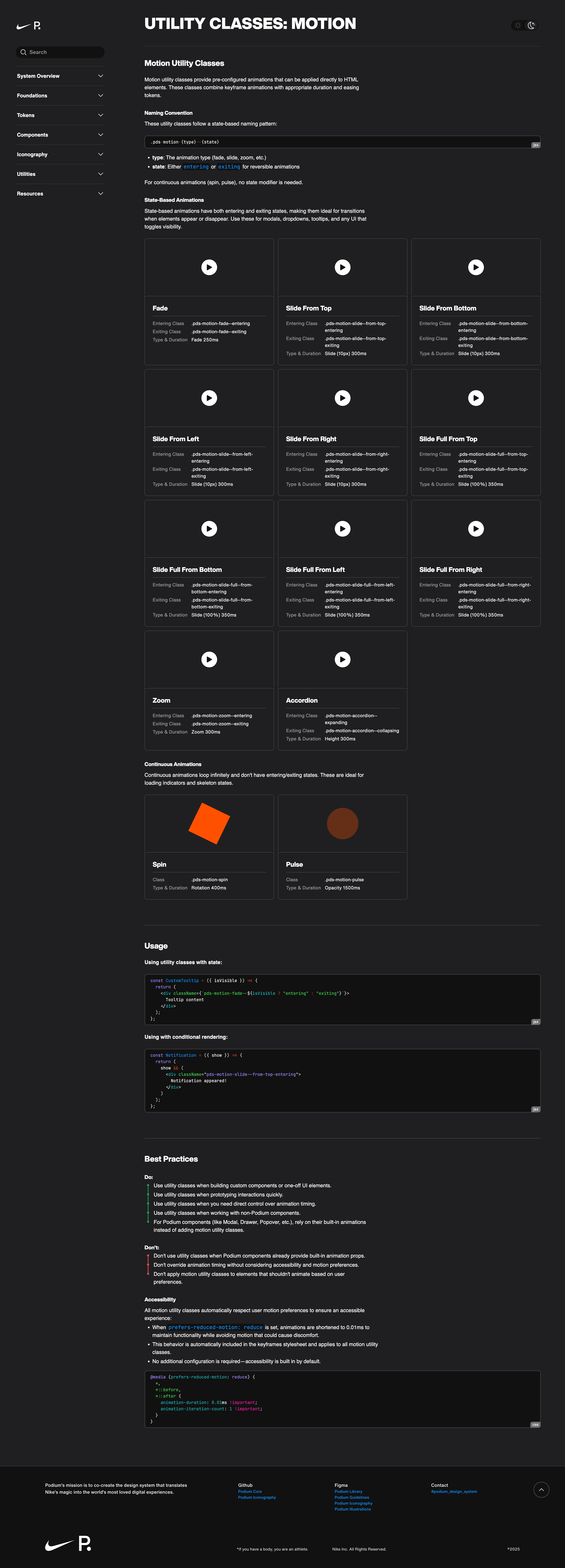 Motion utility class documentation with examples and accessibility notes.