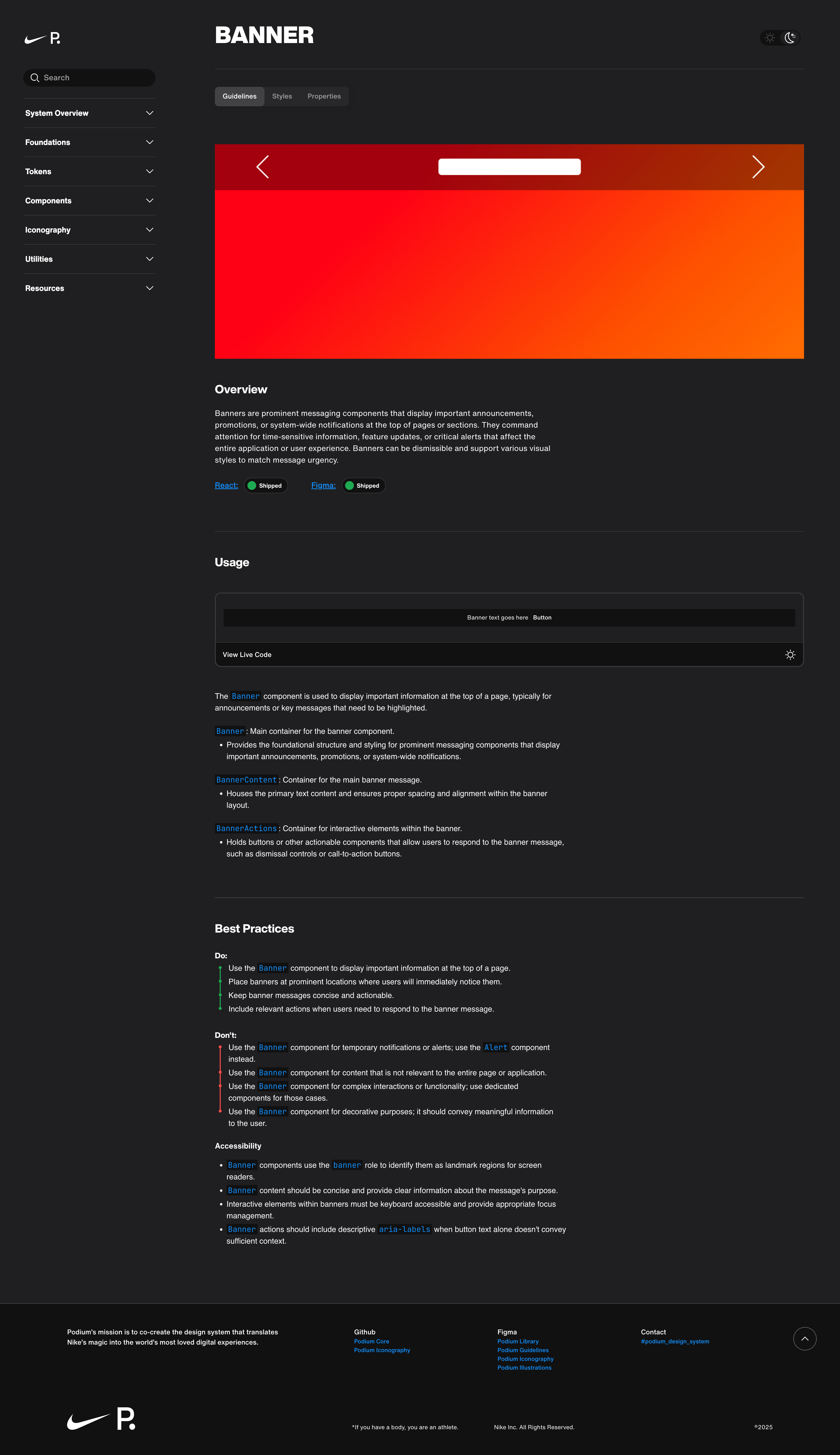 Banner component documentation page with examples and guidance.