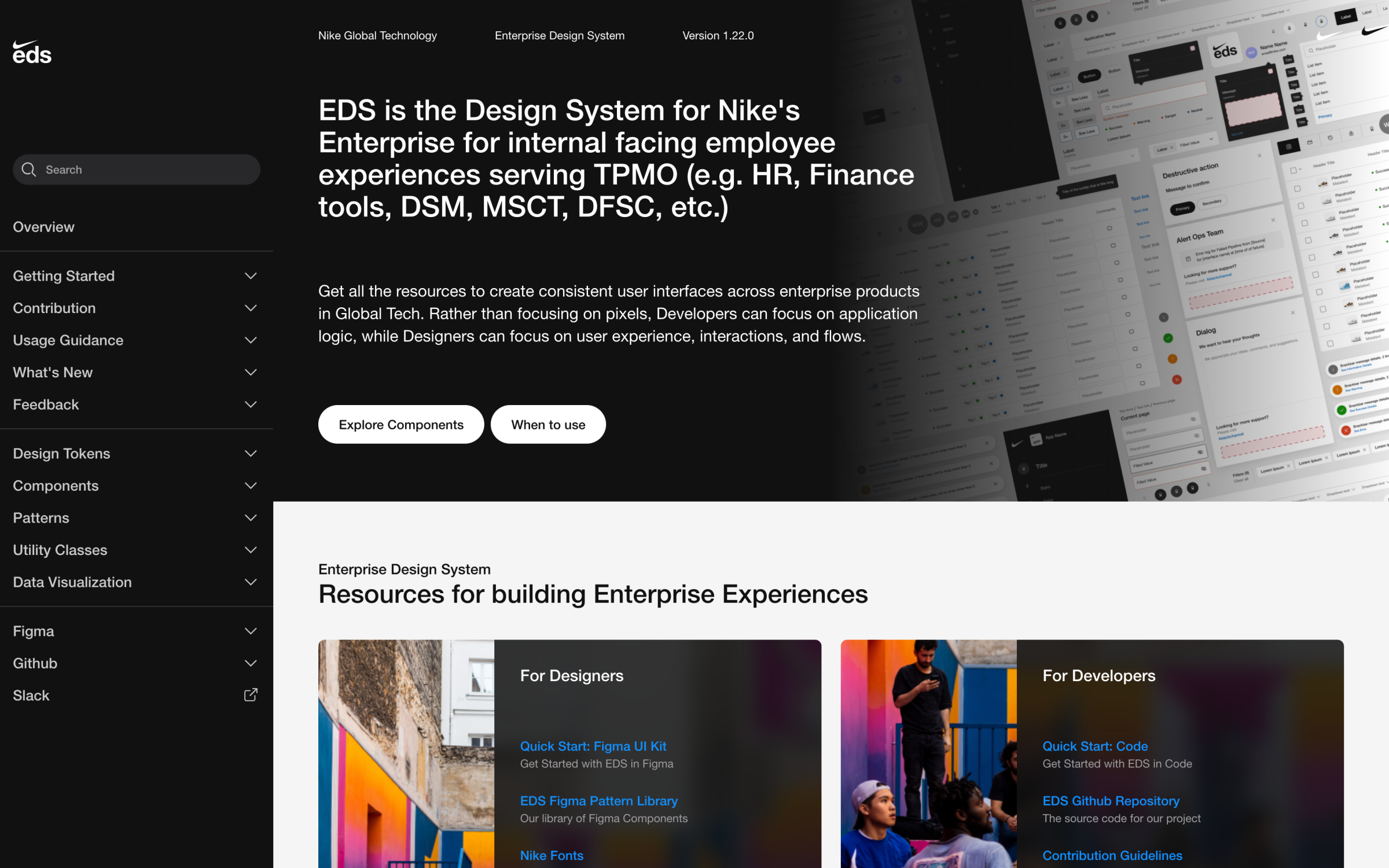 Legacy Nike design-system documentation homepage.