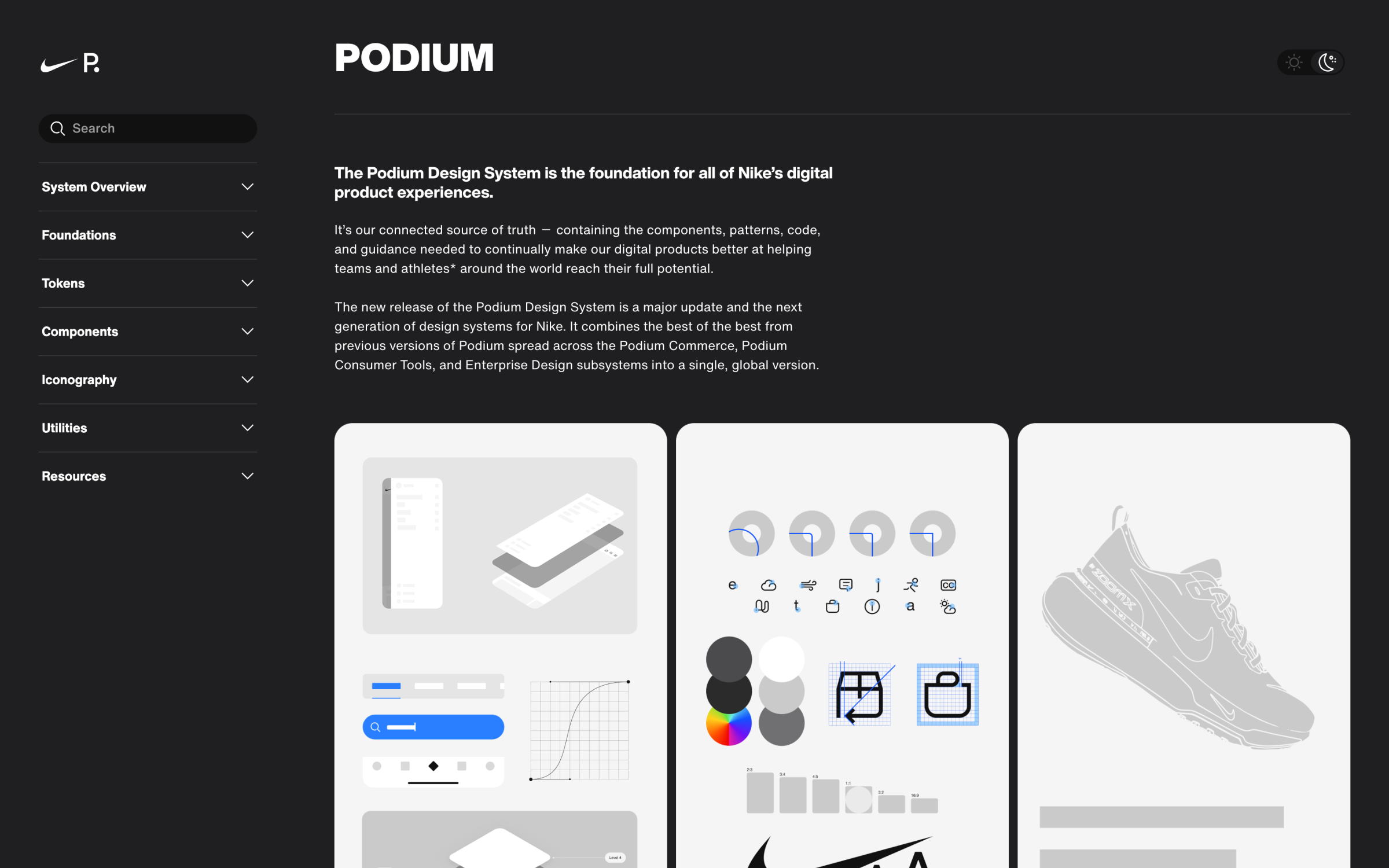 Nike design-system platform homepage showing hero, navigation, and resource entry points.