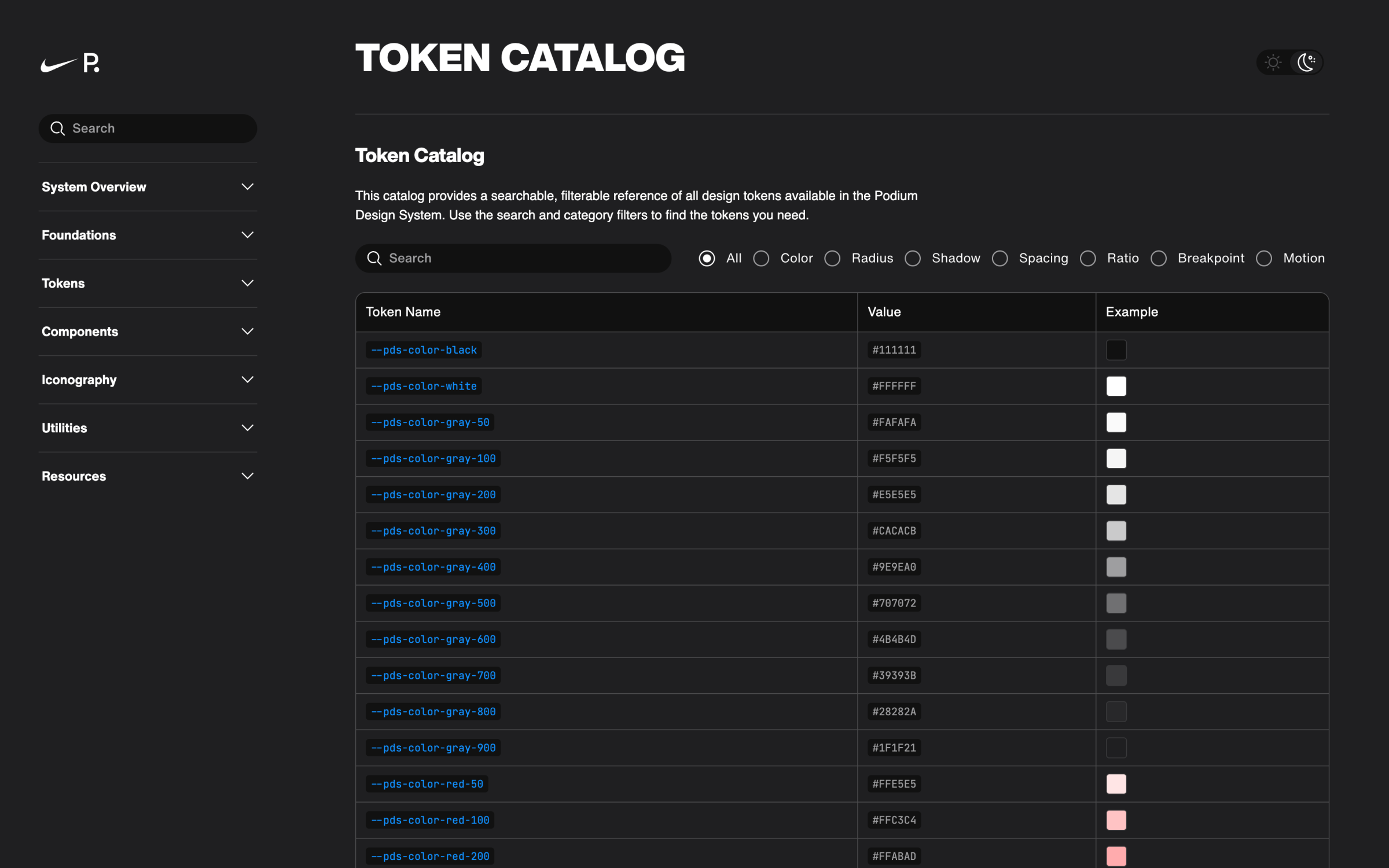 Nike token catalog with filters and examples for design tokens.