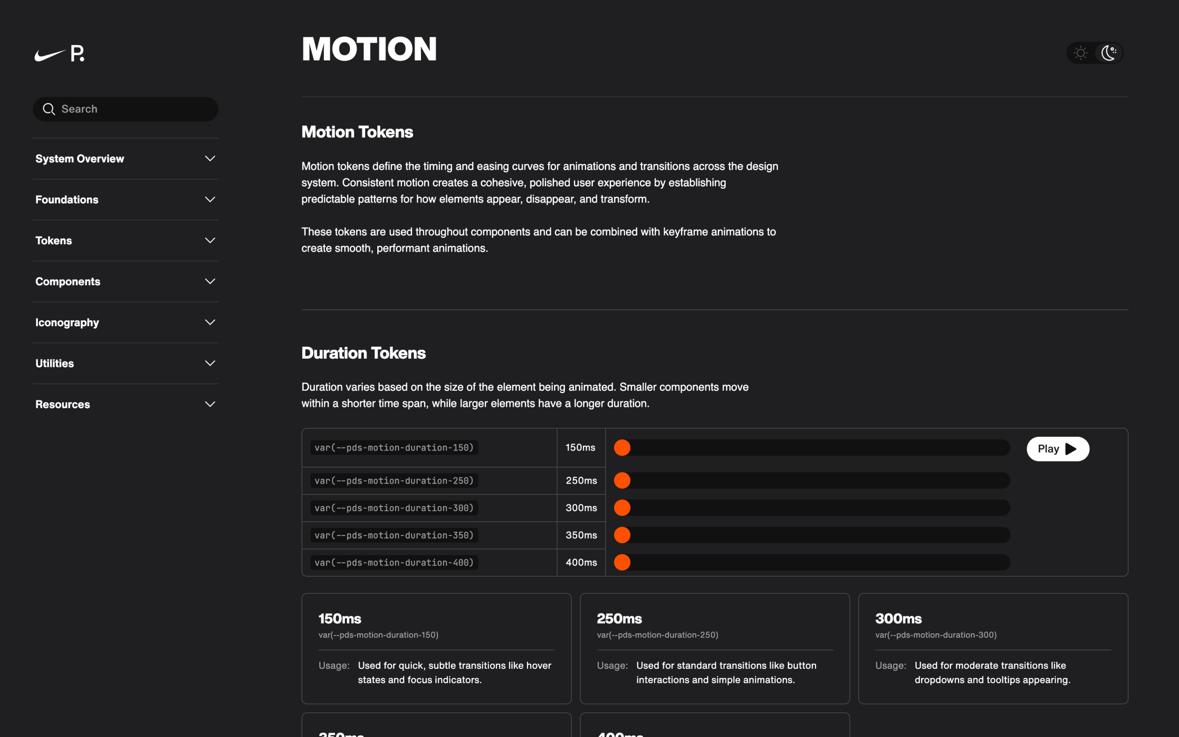 Motion tokens documentation with duration, delay, and easing guidance.