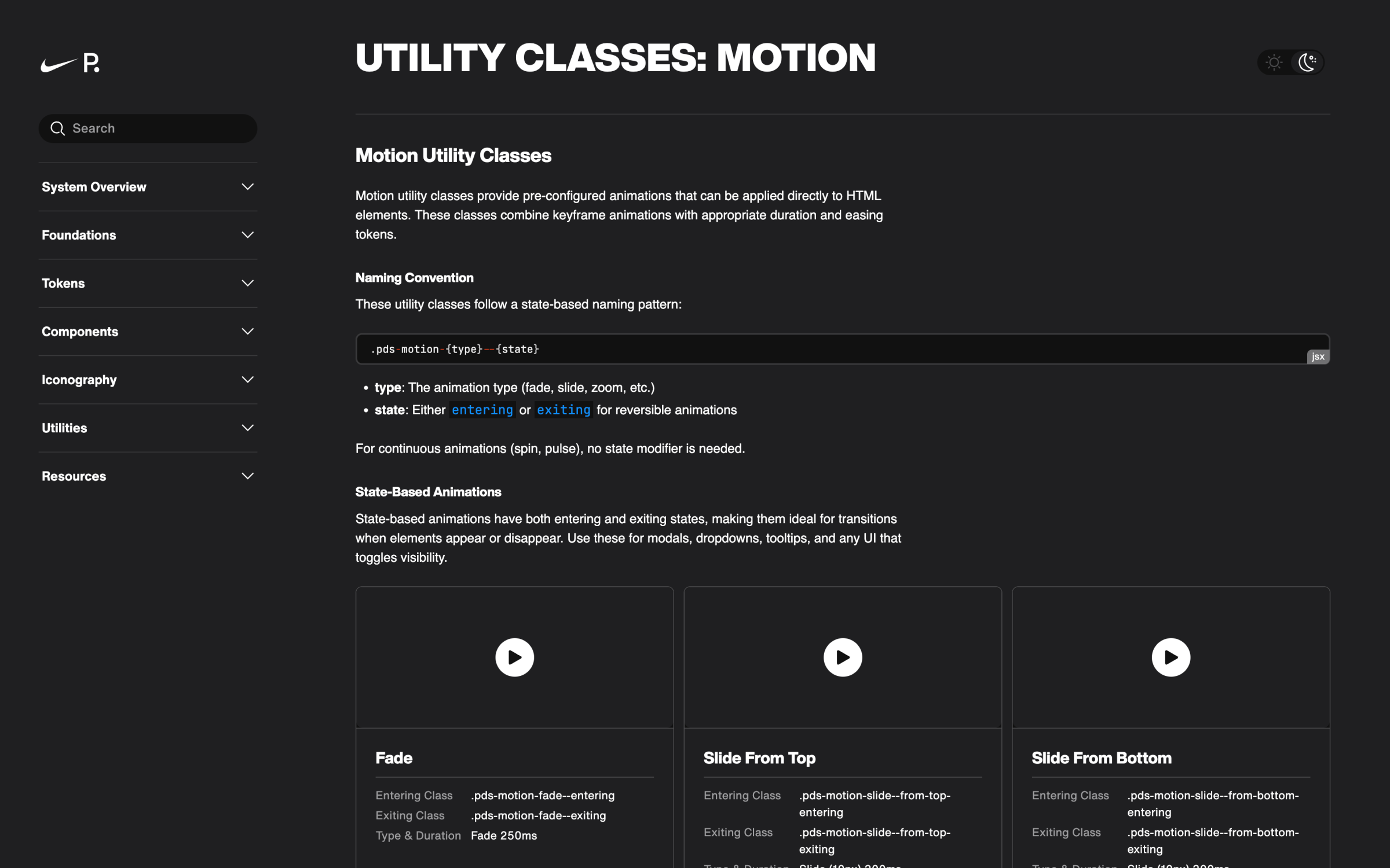 Motion utility class documentation with examples and accessibility notes.