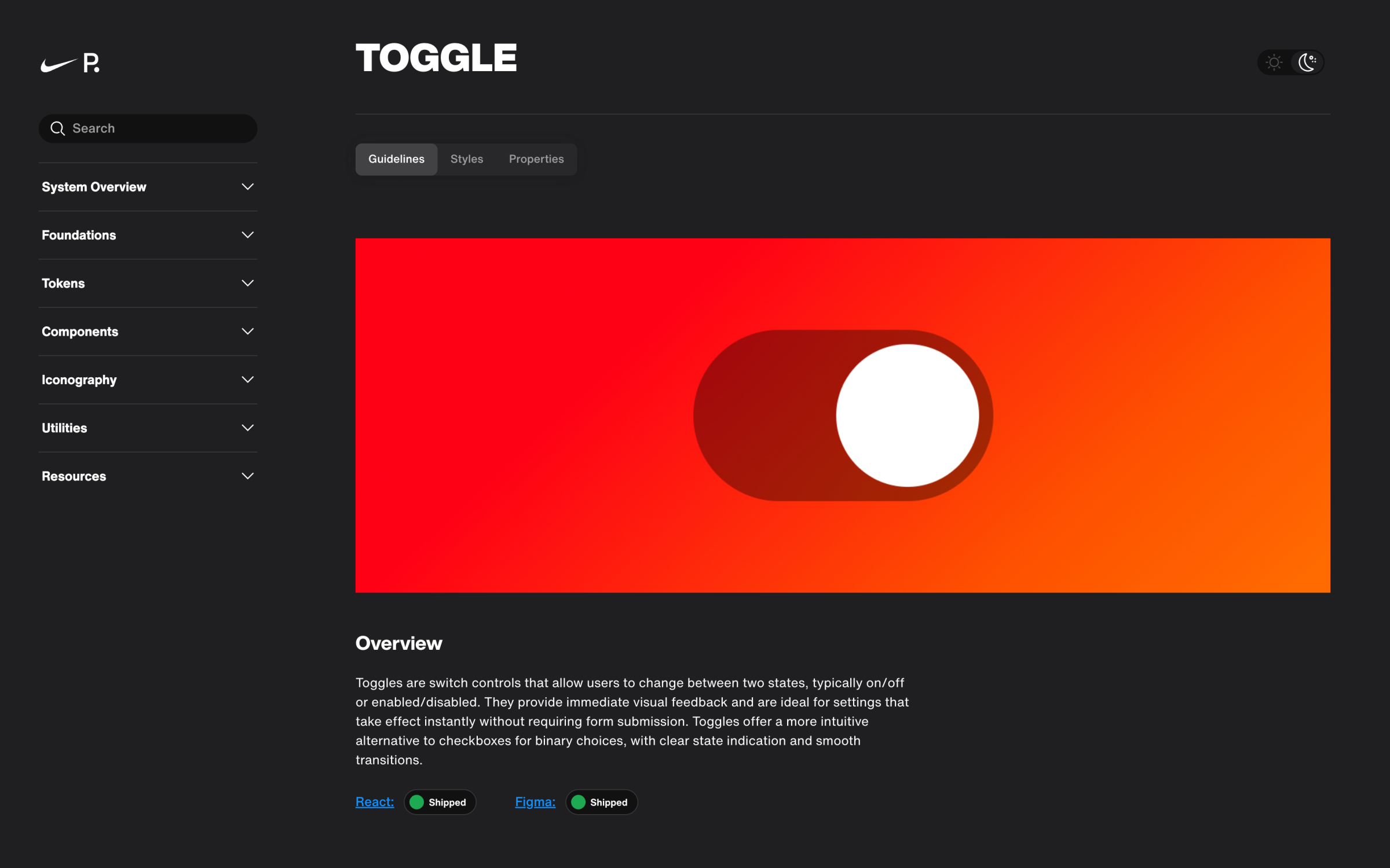 Toggle component documentation page with labels, states, keyboard support, variants, and controlled usage guidance.