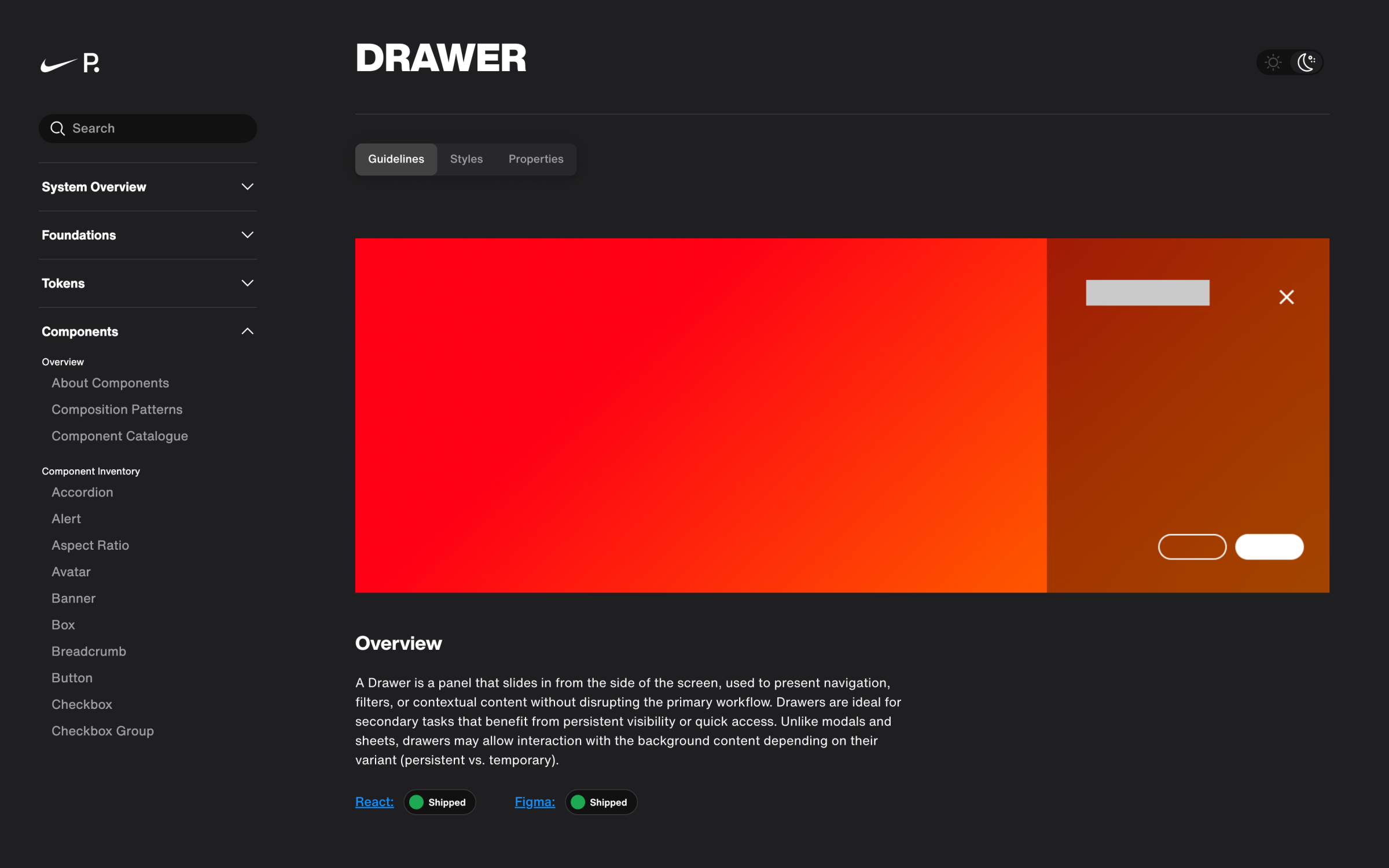 Drawer component documentation page with composable API, variants, focus behavior, and accessibility guidance.