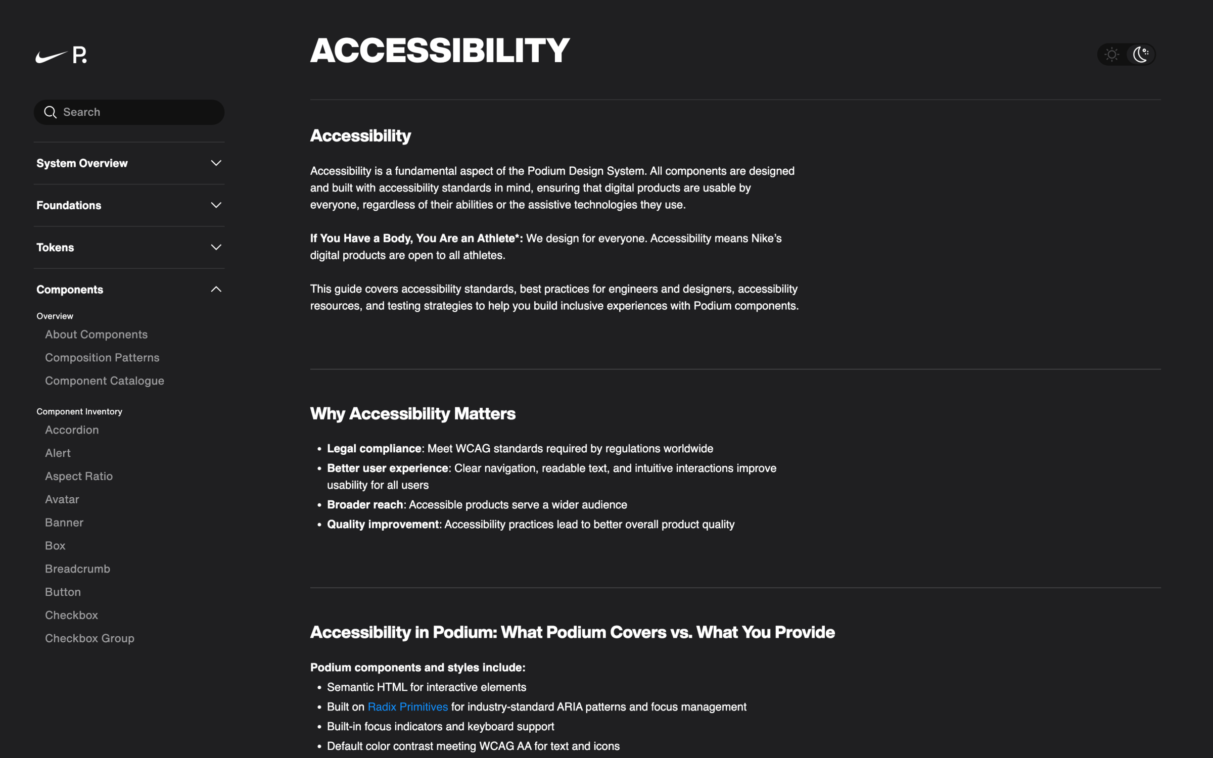 Accessibility foundations documentation covering WCAG, semantics, focus, keyboard, reduced motion, and screen readers.