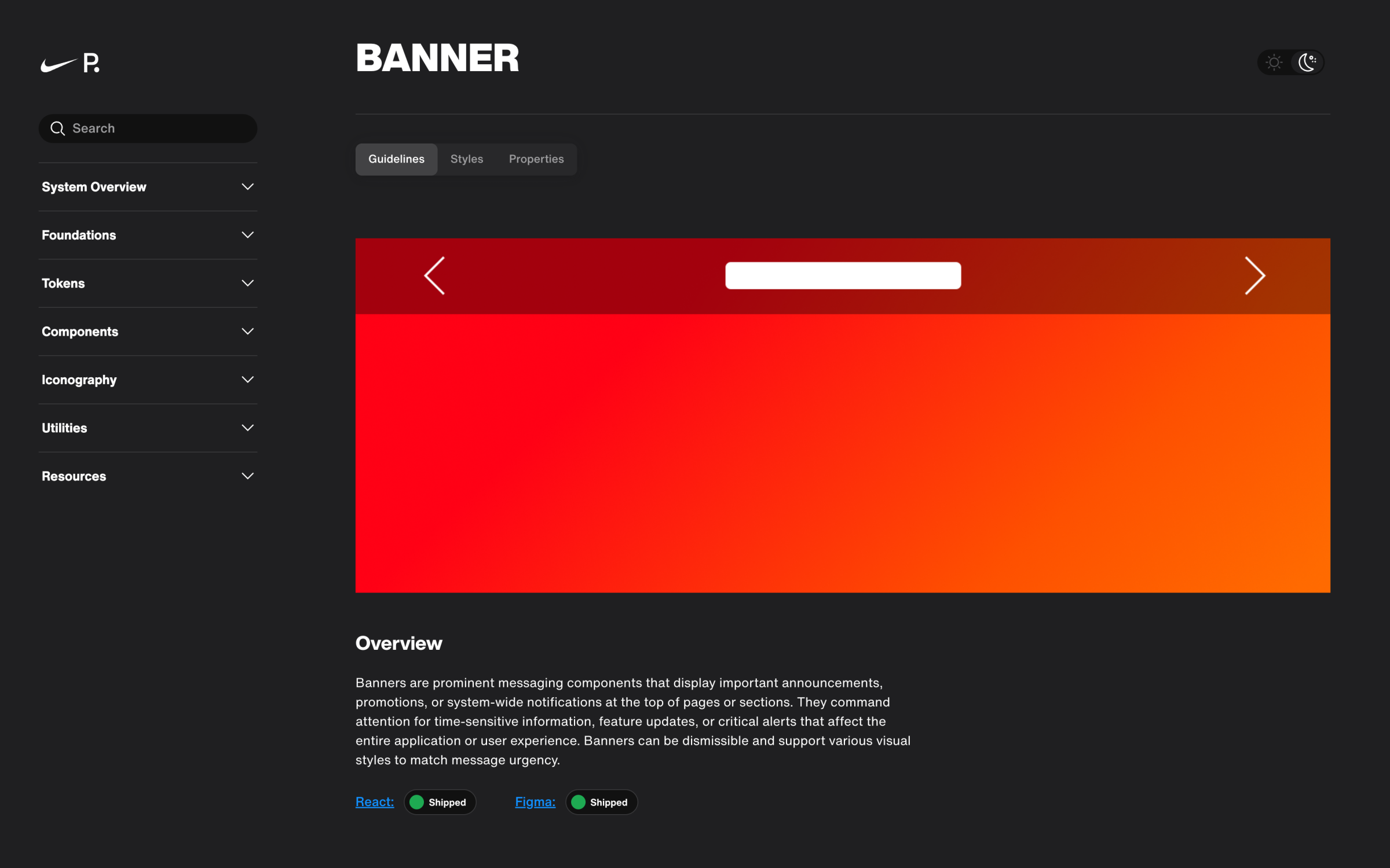 Banner component documentation page with examples, usage, semantics, and accessibility guidance.